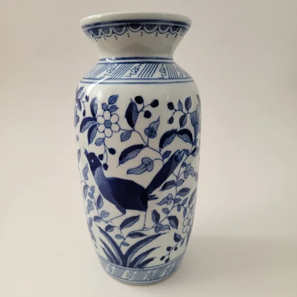 Blue & White Porcelain Chinoisery Bird Floral Pattern Vase Vessel - Picture 3 of 7